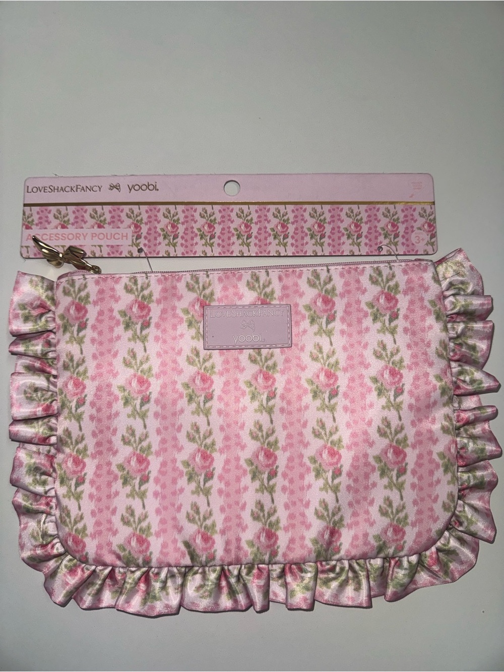 LoveShackFancy Pink Floral Ruffle Accessory Pouch with Gold Bow Pull